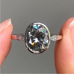 3 Carat Grey Oval Moissanite Bezel Set Engagement Ring, Vintage-Inspired Solitaire Ring, Dainty Diamond Accent Ring in 14K White Gold
