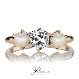 Victorian Pearl and Old European Cut Diamond Ring, Antique 14K Gold Three-Stone Ring, Vintage Engagement Ring, Unique Promise Ring