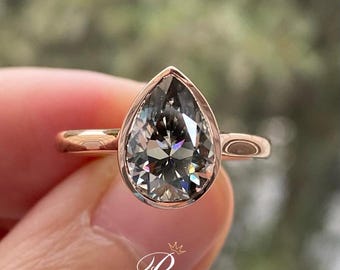 3 CT Grey Pear Cut Moissanite Engagement Ring, Bezel Set Solitaire Ring, Rose Gold Minimalist Ring, Unique Dark Stone Ring, Gift for Her