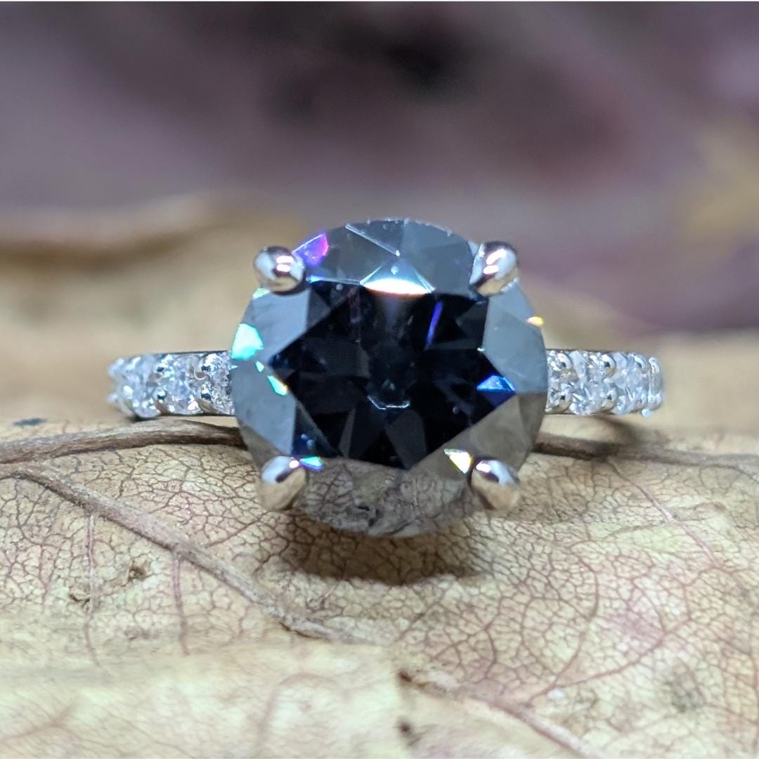 3 CT Dark Grey Moissanite Engagement Ring, Round Cut Solitaire Ring ...