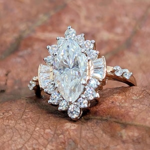 3 CT vintage marquise moissanite engagement ring, rose gold art deco halo ring for her, unique antique-inspired bridal jewelry gift