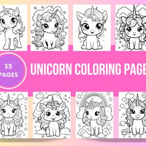 以下が含まれることがあります： さまざまなポーズとデザインのユニコーンの塗り絵が8ページ集まったもの。ページは白黒の線画で、塗り絵に最適です。「UNICORN COLORING PAGES」の文字がピンク色の背景に表示され、「35 PAGES」が紫色の円で囲まれています。