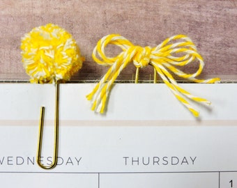 Yellow and White Pompom or Bow Planner Clip Bookmark, Silver or Gold Jumbo Paperclip For Traveler's Notebook