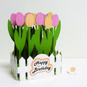 Cartão de aniversário de tulipa para ela, cartão de aniversário de flor, cartão de caixa de explosão de melhoras 3D em branco