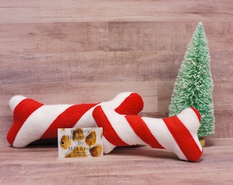 クリスマスキャンディケイン犬用骨付きおもちゃ、フリースぬいぐるみ