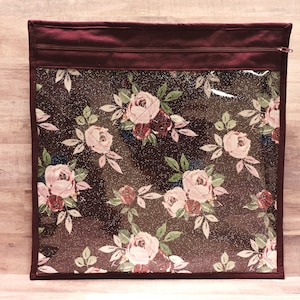 Burgundy Rose Project Pouch, WIP Pouch, Scrapbooking Kit Bag, Cross Stitch Vinyl Front Project Bag