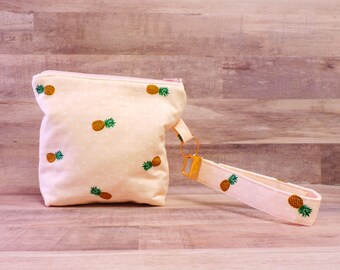 Ananaspolsbandje, roze polkadot sleutelhanger polsportemonnee, roségouden handsfree portemonnee