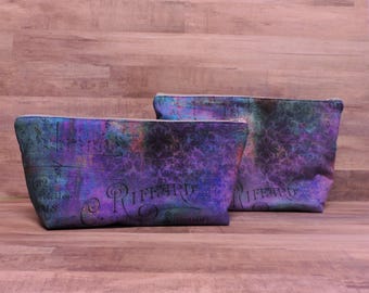 Pochette à fermeture éclair damassé indigo : trousse à cosmétiques et à agenda en coton