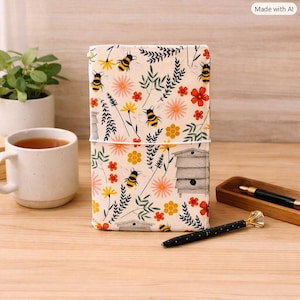 May include: A rectangular notebook with a cream-colored cover featuring a repeating pattern of yellow and black bees, orange and pink flowers, green foliage, yellow honeycombs, and gray beehives, secured by a thin white elastic band.