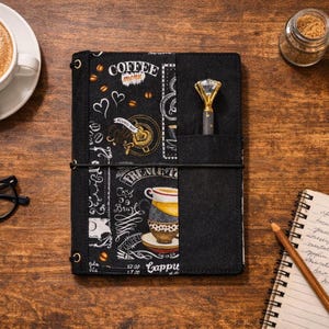 May include: Black coffee-themed journal with a diamond-topped pen. The journal features a coffee menu design with coffee cups, hearts, and the text "Coffee Menu". The journal is held closed with a black elastic band.