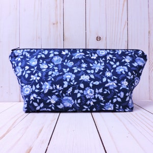 Blue Flower Zippered Pouch, Navy Floral Pencil Bag, Cotton Cosmetic Bag, Planner Pouch, Toiletry Bag
