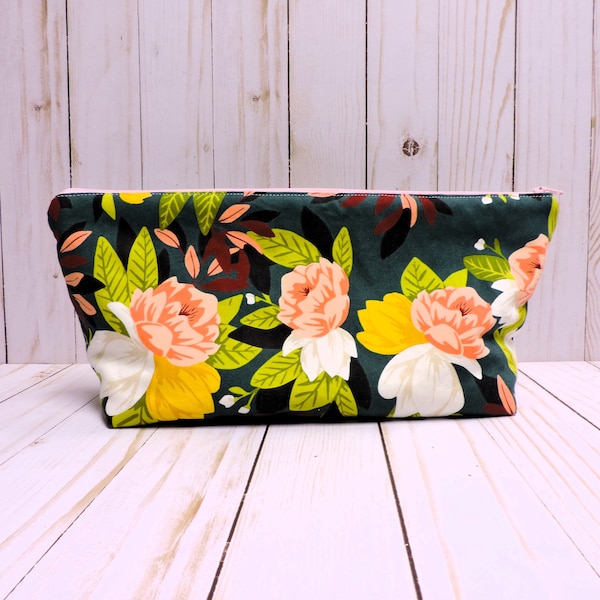 Willow Flower Zippered Pouch, Lagoon Floral Pencil Bag, Cotton Cosmetic Bag, Planner Pouch, Toiletry Bag