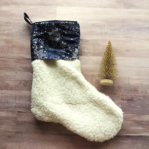Personalize Sherpa Stocking. Snowflake Christmas Stocking, Custom Name White Sherpa