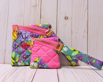 Tropical Quilted Wristlet, Floral Keychain Wrist Wallet, Teal and Fuchsia Padded Earbud Case