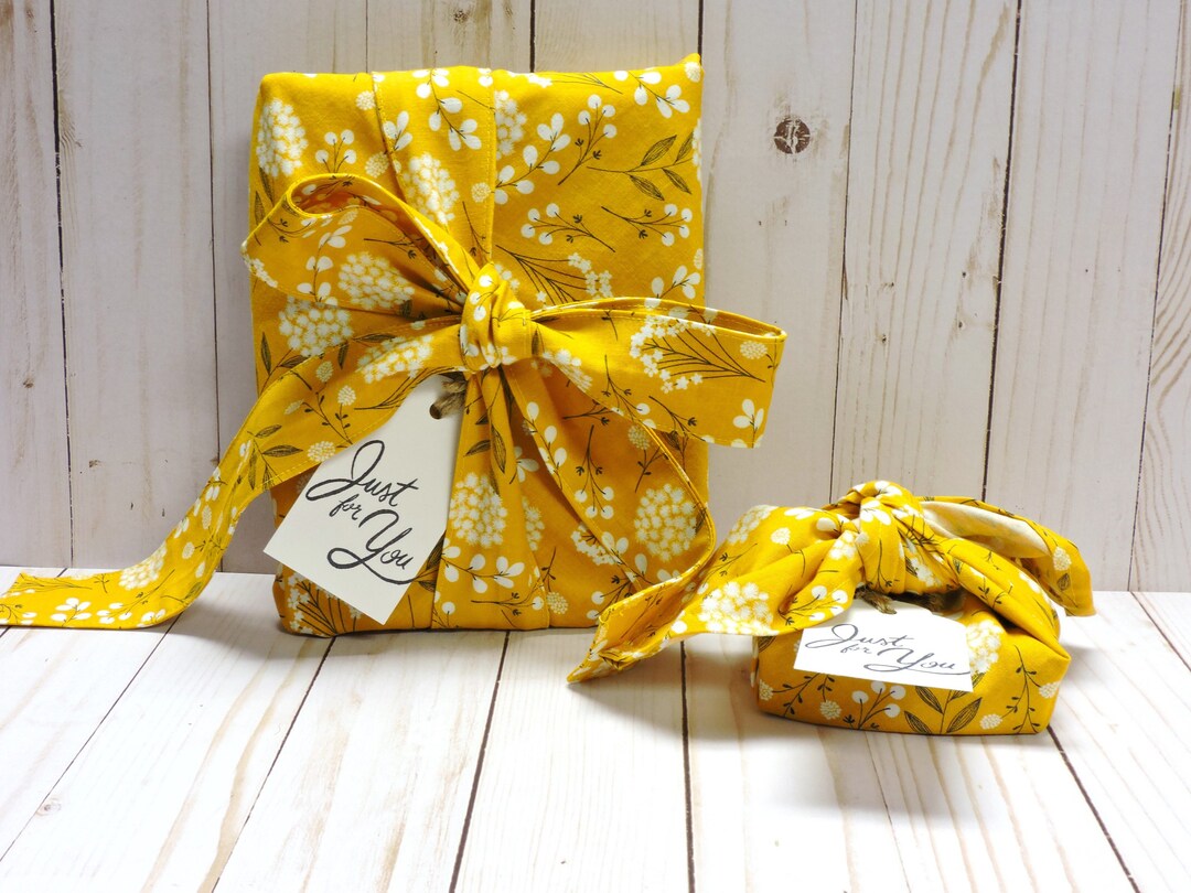 Mustard Floral Furoshiki Fabric Gift Wrap: Reusable Cotton Wrapping ...