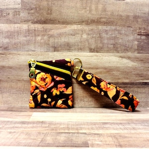 Plum Floral Quilted Wristlet, Burgundy Floral Keychain Wrist Wallet, Rose Gold Padded Earbud Case