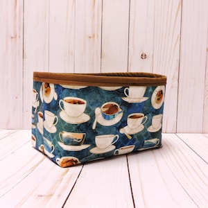 Teal Coffee Fabric Basket: Watercolor Java Print, Collapsible Cotton Bin