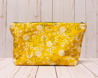 Pochette florale moutarde à fermeture éclair : trousse à cosmétiques et à agenda en coton