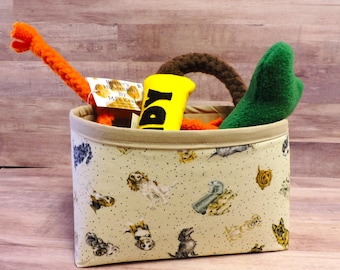 Dog Fabric Basket: Tan Cotton Puppy Toy Organizer