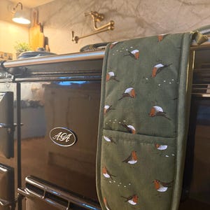 Puede incluir: Un guante de cocina verde con un estampado de petirrojos de pecho rojo y detalles blancos. El guante está colgado de una barra de metal. El fondo muestra un horno marrón oscuro. El guante tiene un bolsillo.