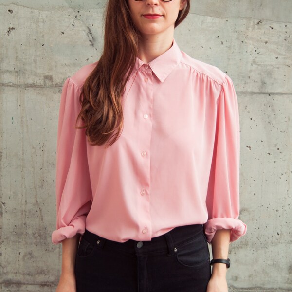 RESERVED for MARIE Silky Pink Blouse / Oversized Pleated Shirt / Feminine Button Up Shirt