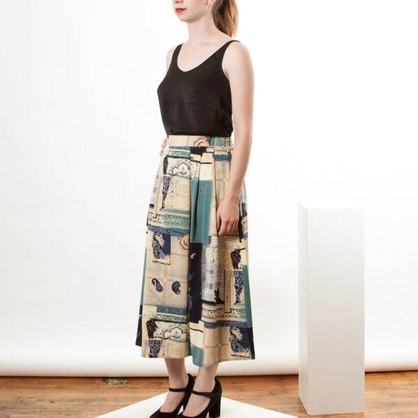 Abstract Midi Skirt / Earth Tones Light Pleated Skirt / Vintage Summer Skirt