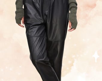 Black Cropped Genuine Leather Pants for Women High Waist Elastic Leather Trousers