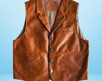 Handmade Genuine Leather Vest: Vintage Brown Western Cowboy Biker Gilet