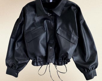 90s Cropped Black Leather Bomber Jacket | the LIMITED Thick