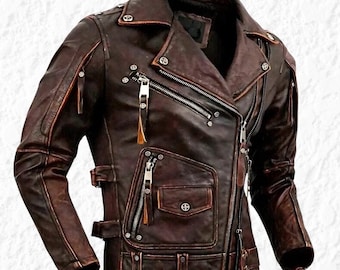 May include: A brown leather motorcycle jacket with a classic asymmetrical zip closure. The jacket features multiple zippered pockets, silver hardware, and a notched lapel. The distressed finish gives it a vintage look.