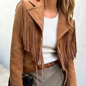 Western Suede Fringe Jacket for Women – Vintage Boho Cowgirl Style with Tassels & Bow Tie Closure, Handmade Retro Outerwear