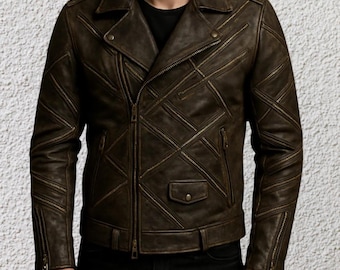 Handmade Distressed Brown Cowhide Leather Biker Jacket - Slim Fit
