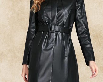 Echtes Leder Schwarz Gürtel Mini Trenchcoat für Frauen Echtleder Kleid Mantel Elegante Langarm Oberbekleidung Herbst / Winter Mode Jacke