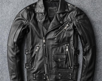 Slim Fit Black Leather Biker Jacket: Men's Moto Rocker Style