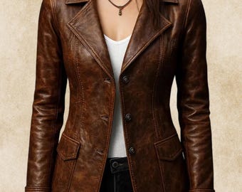 Women’s Brown Real Leather Jacket Classic Tailored Fit, Vintage Style Leather Blazer