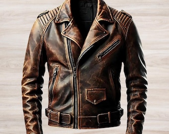 Men’s Distressed Brown Leather Biker Jacket: Vintage Moto Coat