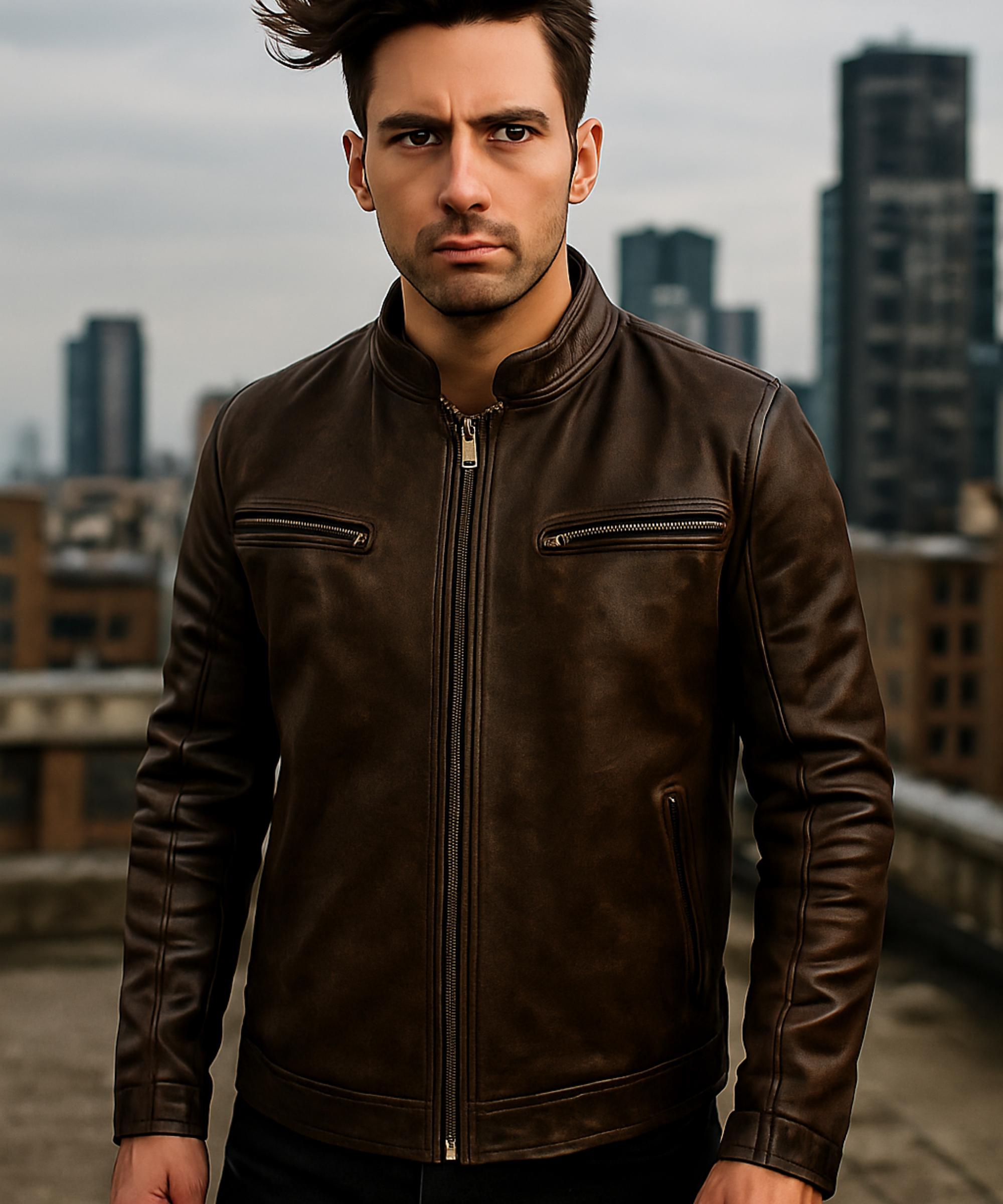 Brown Leather Bomber Jacket: Modern Stand Collar, Zipper Pockets