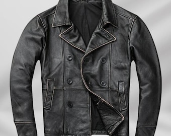 Handmade Black Cowhide Leather Peacoat: Men's Military Style Jacket