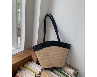 Boho Straw Tote Bag: Black Faux Leather Trim, Summer Handbag