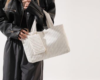 Cozy Fall/Winter Corduroy Tote Bag with Pouch