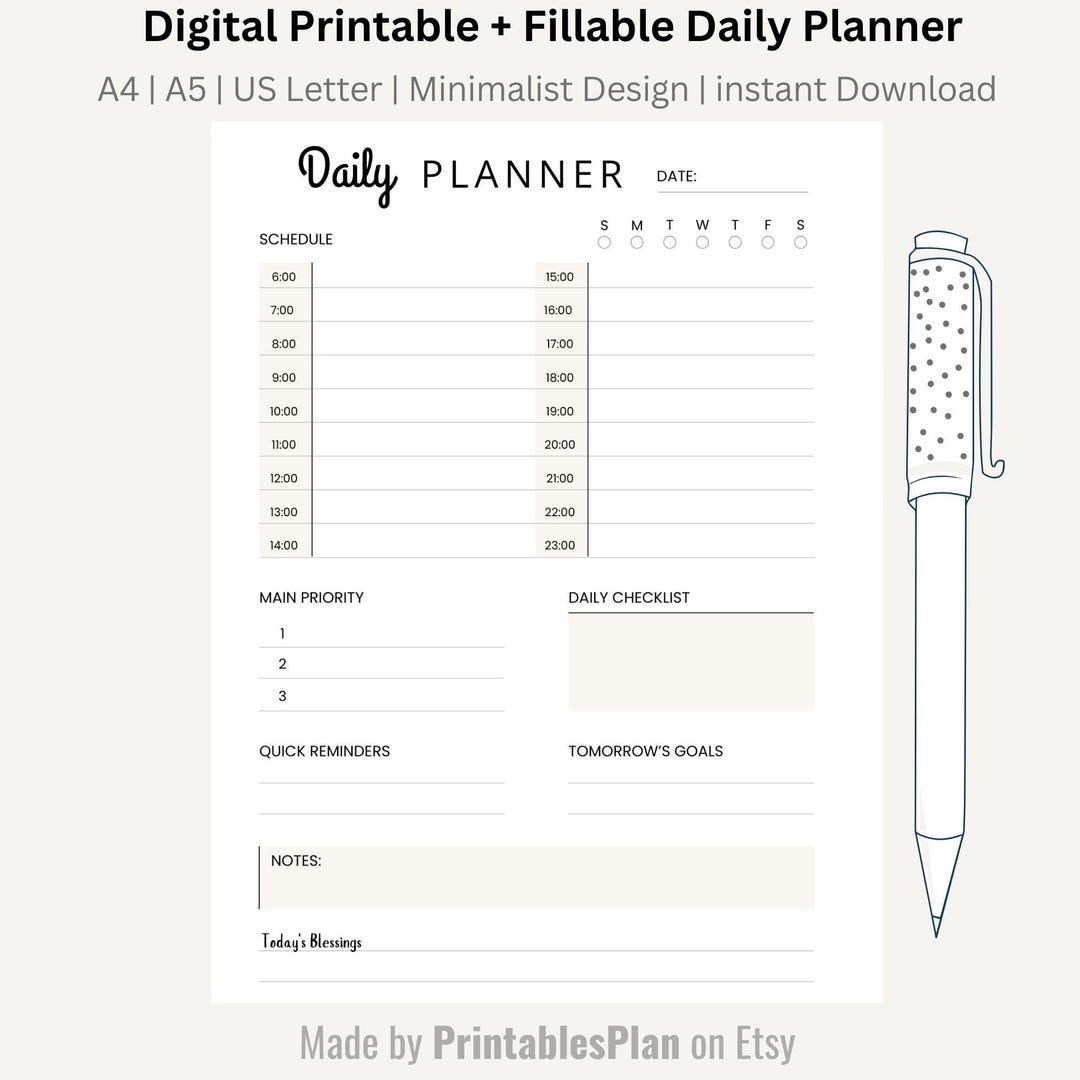 Printable Digital Planner | Editable Fillable Daily Planner ...