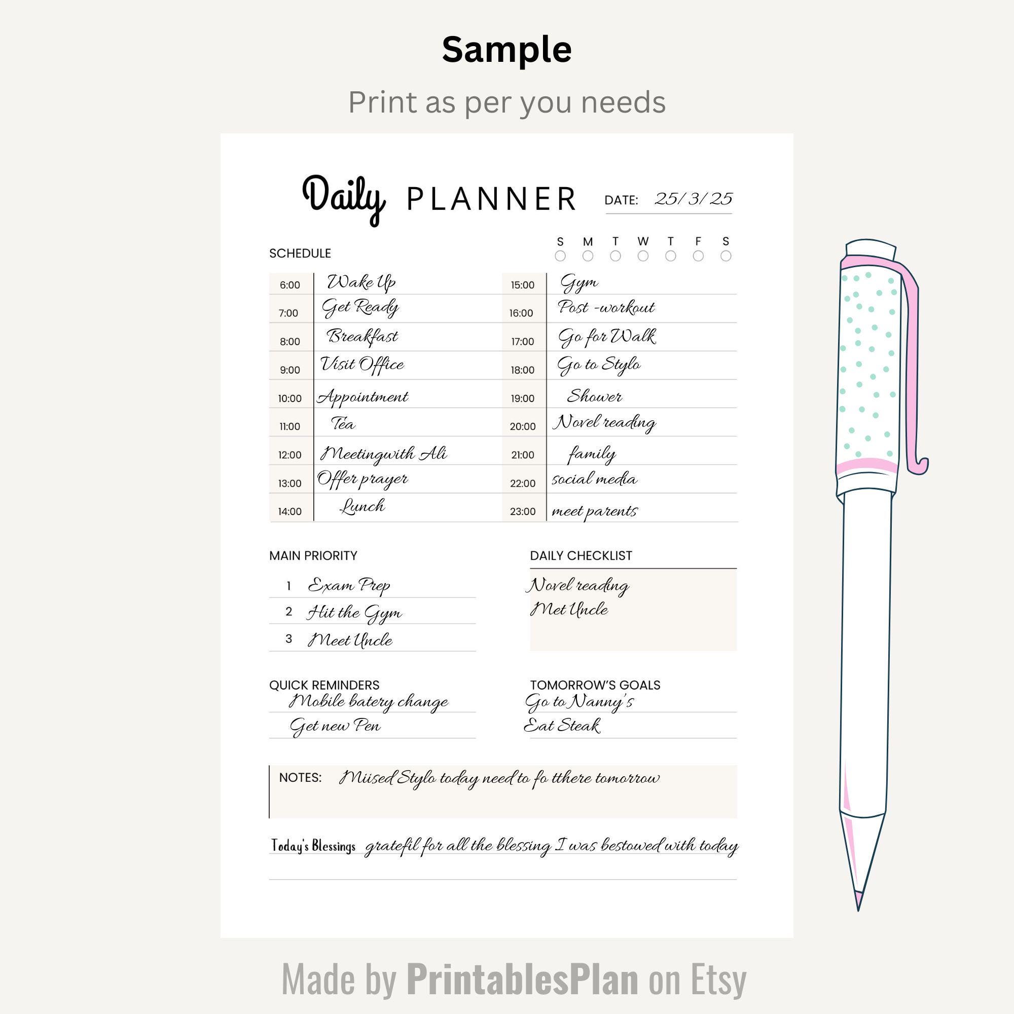 Printable Digital Planner | Editable Fillable Daily Planner ...