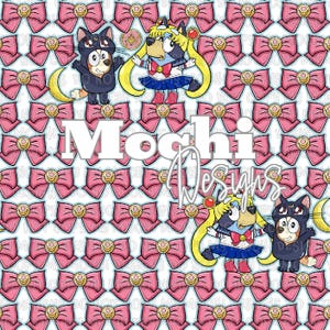 Anime Sailor Moon Princess Cat Luna Moon Blue Sisters Dress up Mashup Digital Seamless Pattern 300 DPI 12x12