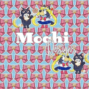 Anime Sailor Moon Princess Cat Luna Moon Blue Sisters Dress up Mashup Digital Seamless Pattern 300 DPI 12x12
