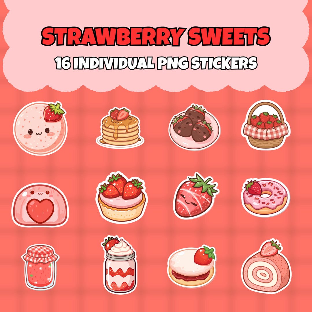 Kawaii Strawberry Stickers PNG | Cute Dessert Clipart for Planner ...