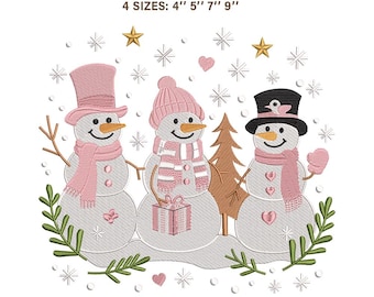 Pink Snowman Family Machine Embroidery Design | Coquette Christmas Winter Wonderland | Pastel Holiday Sweatshirt File PES JEF VP3