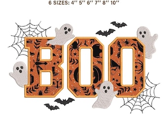 BOO Applique Embroidery Design, Halloween Ghost Spider Web Machine File, Spooky Season Varsity Letter Instant Download Pes Jef