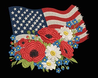 アメリカ国旗の花柄刺繍デザイン、7月4日国旗USAミシンファイル、愛国