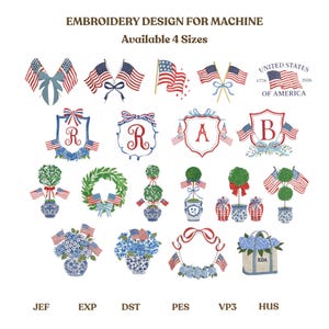 May include: An embroidery design sheet with patriotic themes. Designs include American flags, floral arrangements, and lettered crests in red, white, and blue. Text includes "EMBROIDERY DESIGN FOR MACHINE" and "Available 4 Sizes".