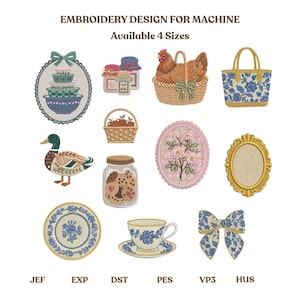 Peut inclure: Une collection de motifs de broderie machine comprenant une pile de bols, des bocaux, une poule dans un panier, un sac fourre-tout floral, un canard, un panier de pommes, un bocal à biscuits, un ovale de roses, un cadre doré, une assiette florale, une tasse et un nœud floral bleu.